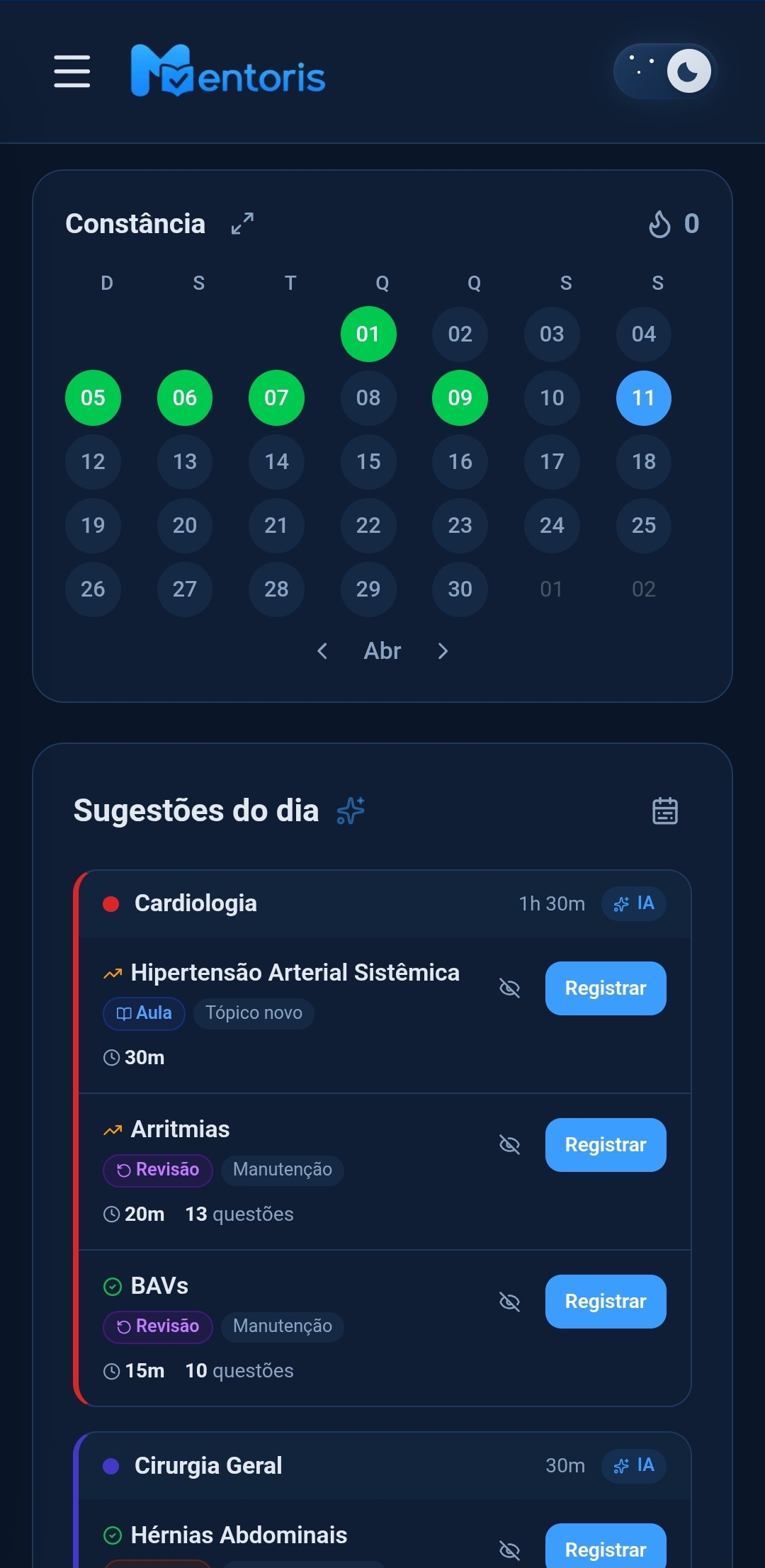Calendário e Sugestões IA